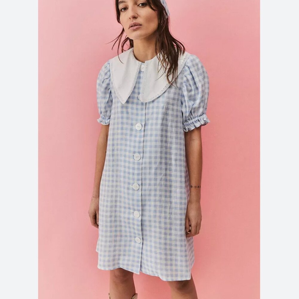 The Sleeper Marie Linen Dress in Blue Vichy - Blue Gingham Bib Collar Dress